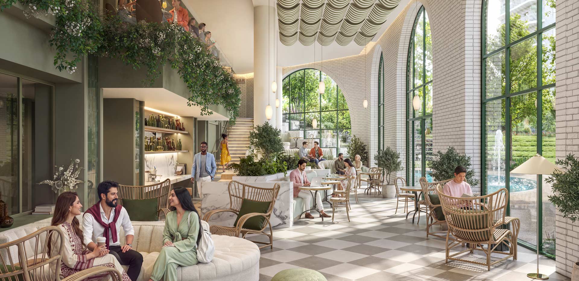 CGI of a lounge or restaurant bar area with high ceiling and tall windows for ample natural lighting.