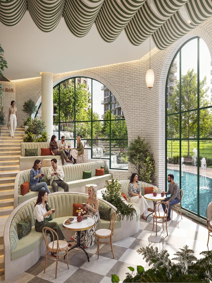 CGI of a lounge or restaurant area with cascading seating, set against a curved wall with windows showing a water feature outside.