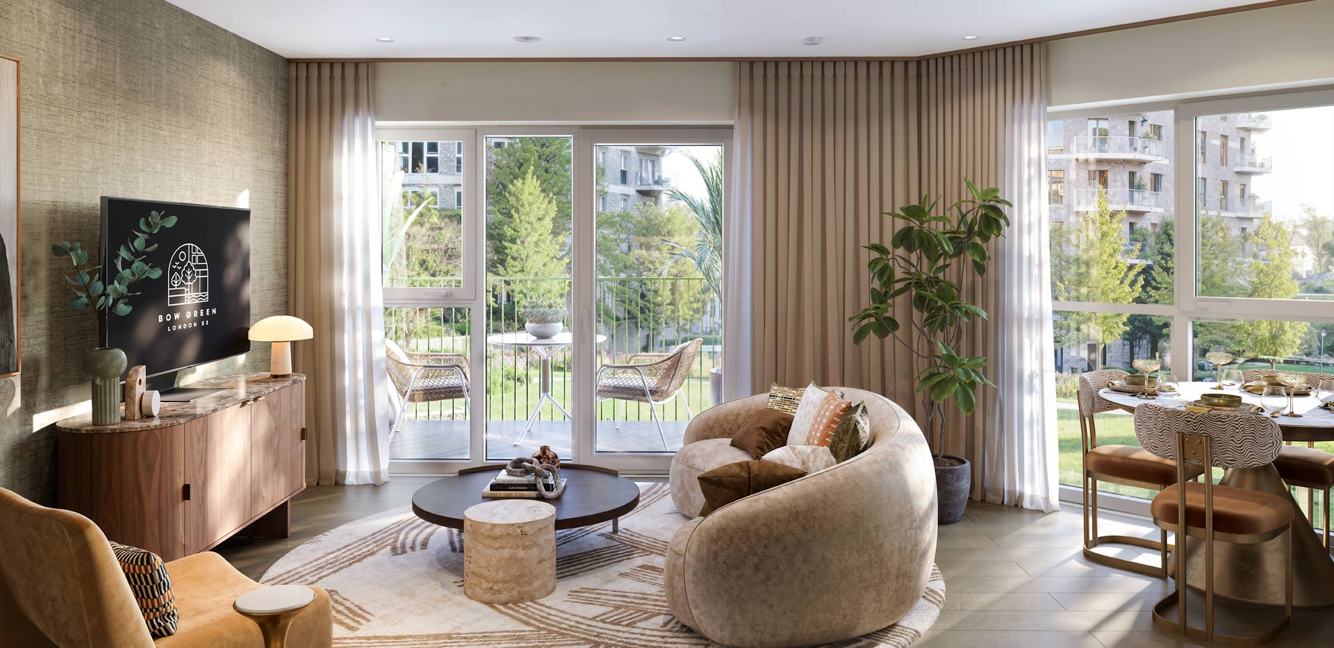 CGI of a living space with fabric sofa, coffee table and TV unit, dining table behind and set against wrap around windows for natural lighting and scenic views.