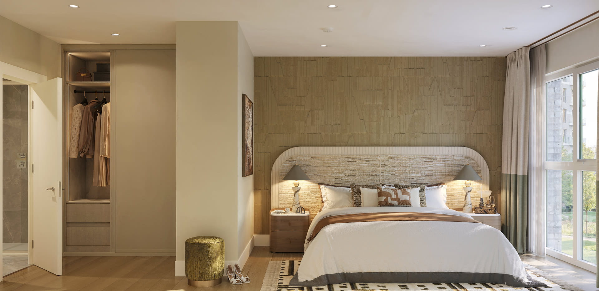 CGI of double bed, rug, wall hanging, walk-in wardrobe adjacent.