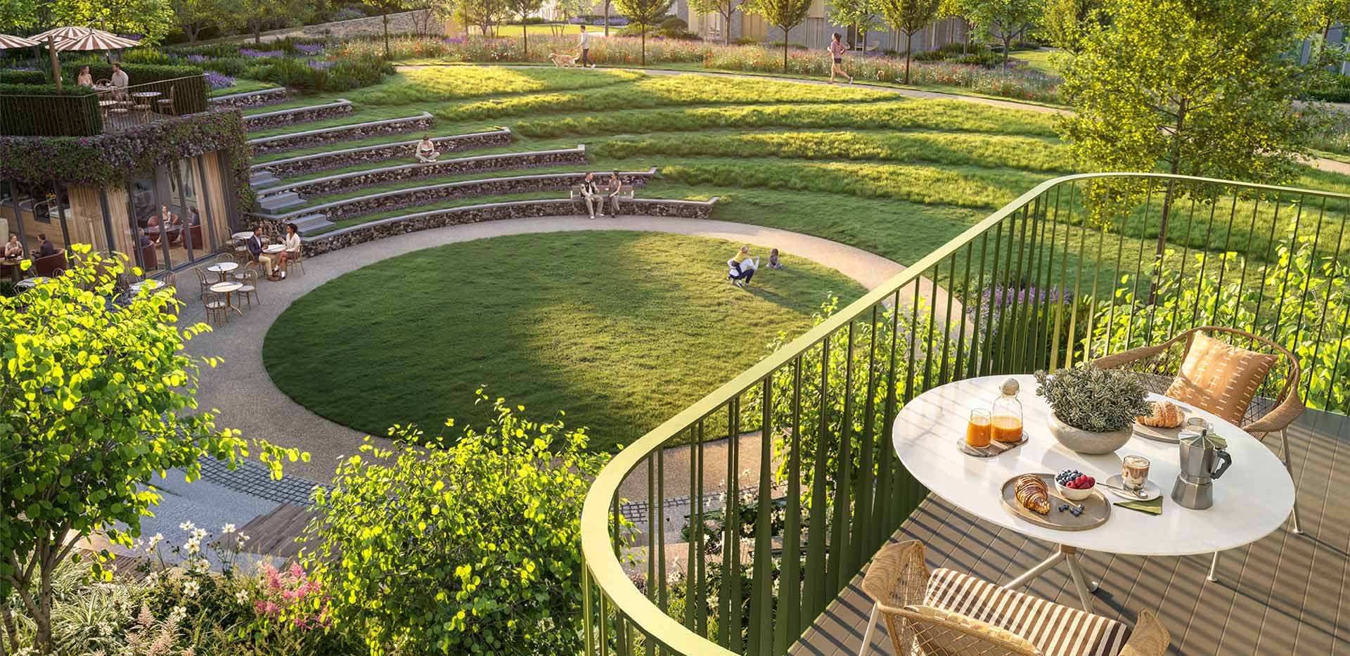 CGI of apartment balcony view looking down into a landscaped courtyard with amphitheatre style steps or seating.