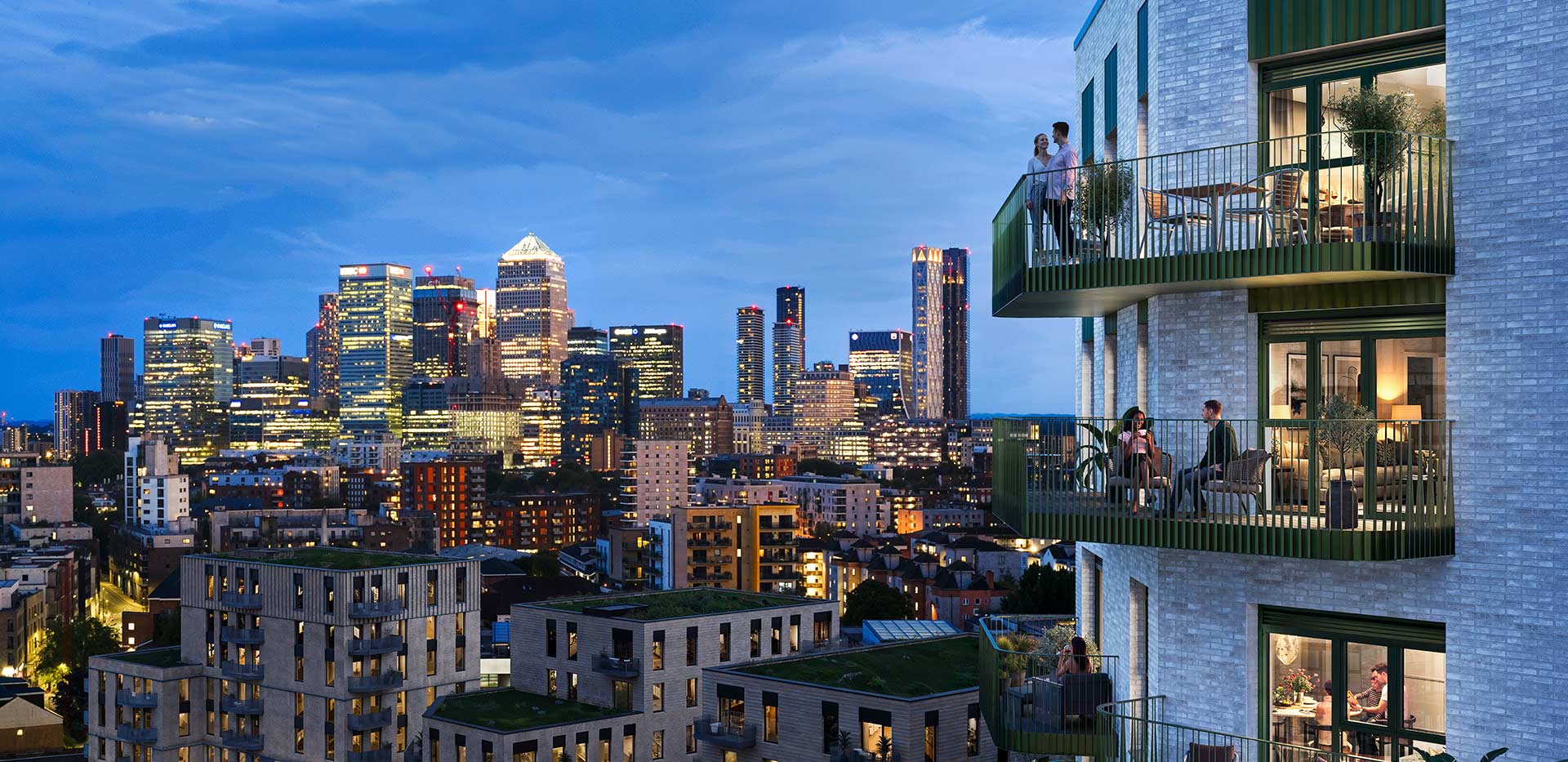 Bow Green development exterior during the evening