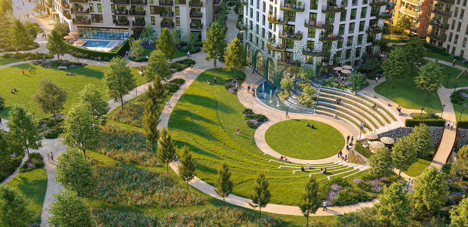 Bow Green development aerial exterior image on a sunny afternoon
