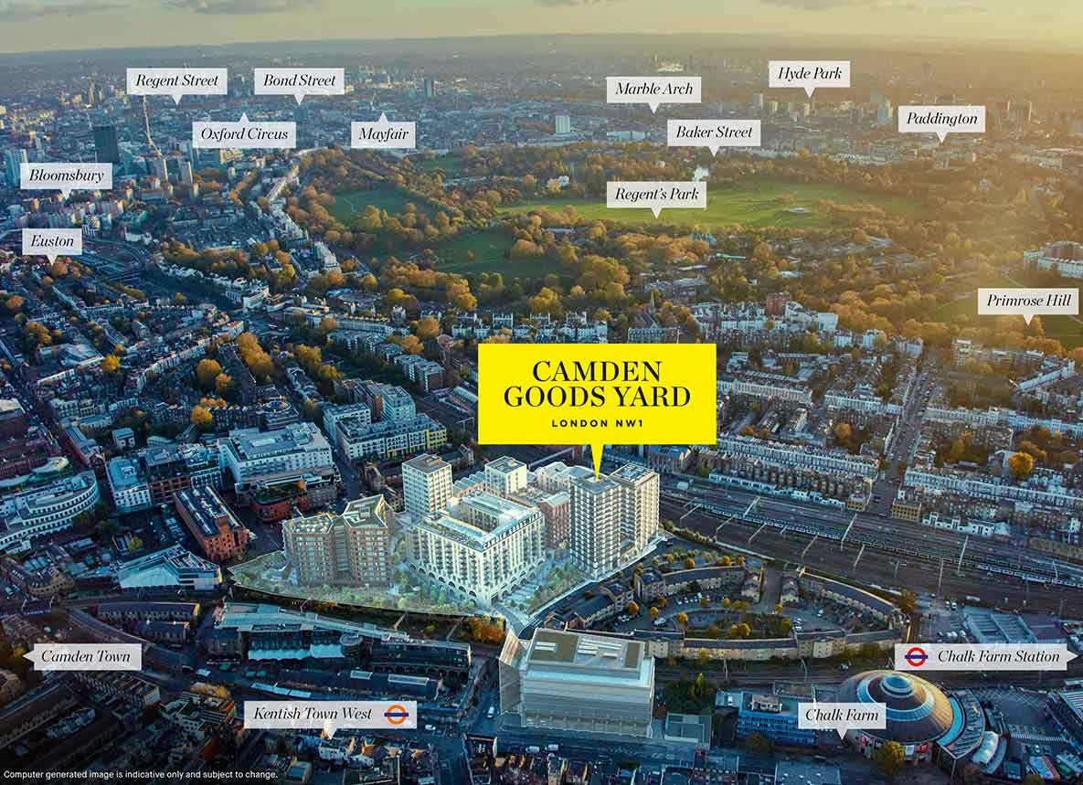 An aerial photograph with local area labels around Camden Goods Yard