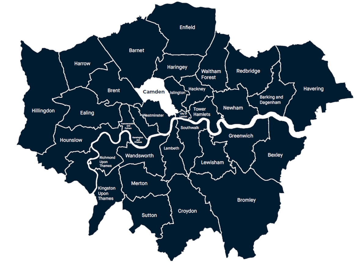 An image of a map with all the London Counties on it