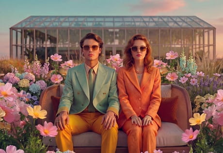 Male and female in formal attire sitting on sofa surrounded by brightly coloured flower arrangements.