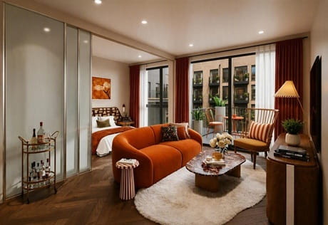 Modern designed studio with living space in neutral and brown tones, with partition wall with bedroom behind.