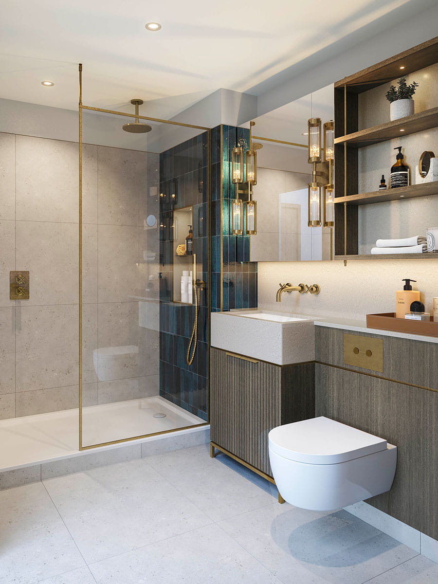 A CGI image of the Bathroom at Camden Goods Yard with Blue Tiles