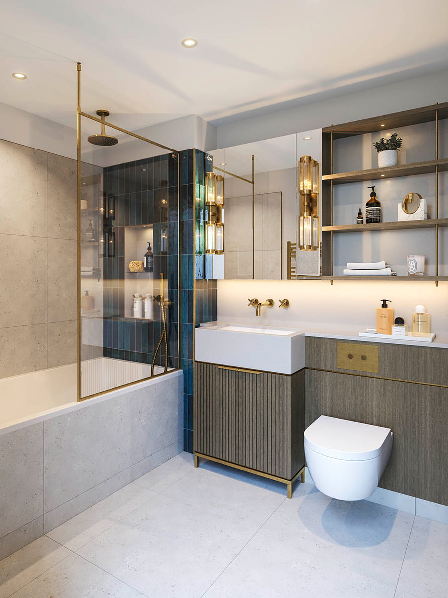 A CGI image a Bathroom at Camden Goods Yard with Green Tiles