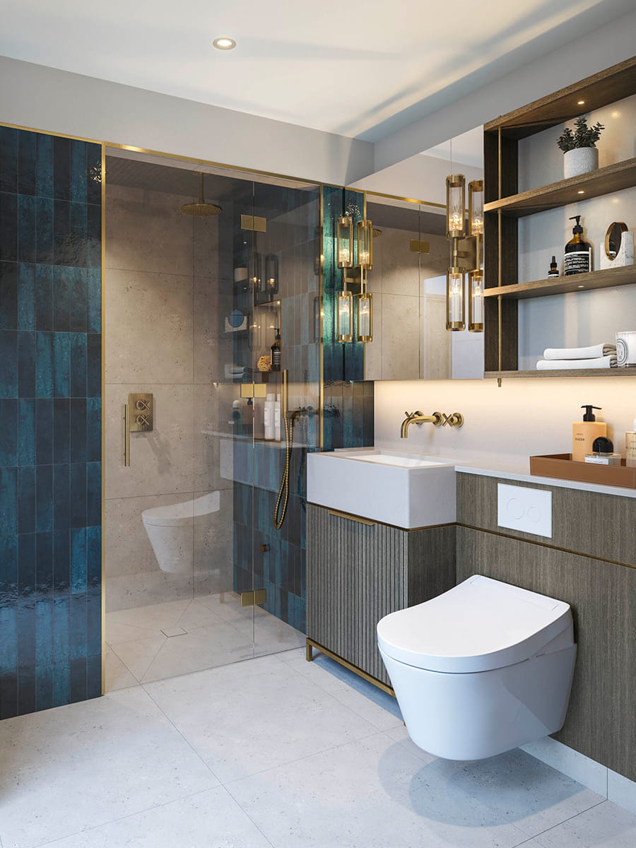 A CGI image of the En Suite  with Green Tiles