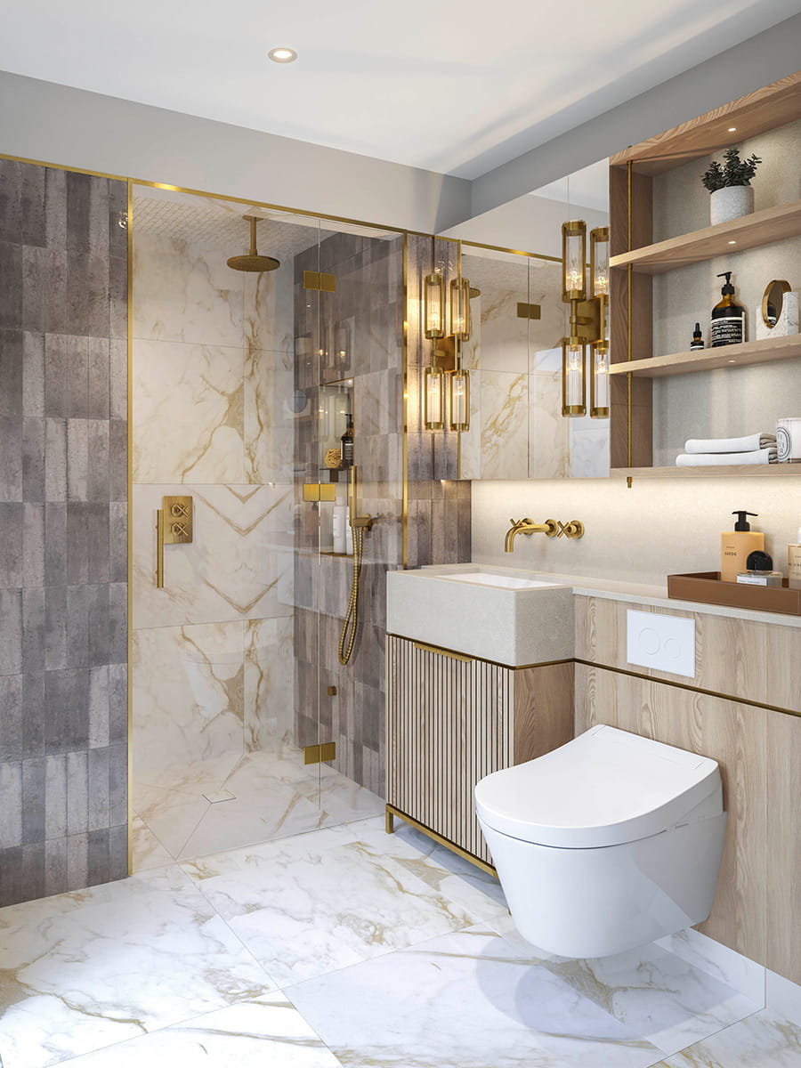 A CGI image of the En Suite at Camden Goods Yard with Grey Tiles