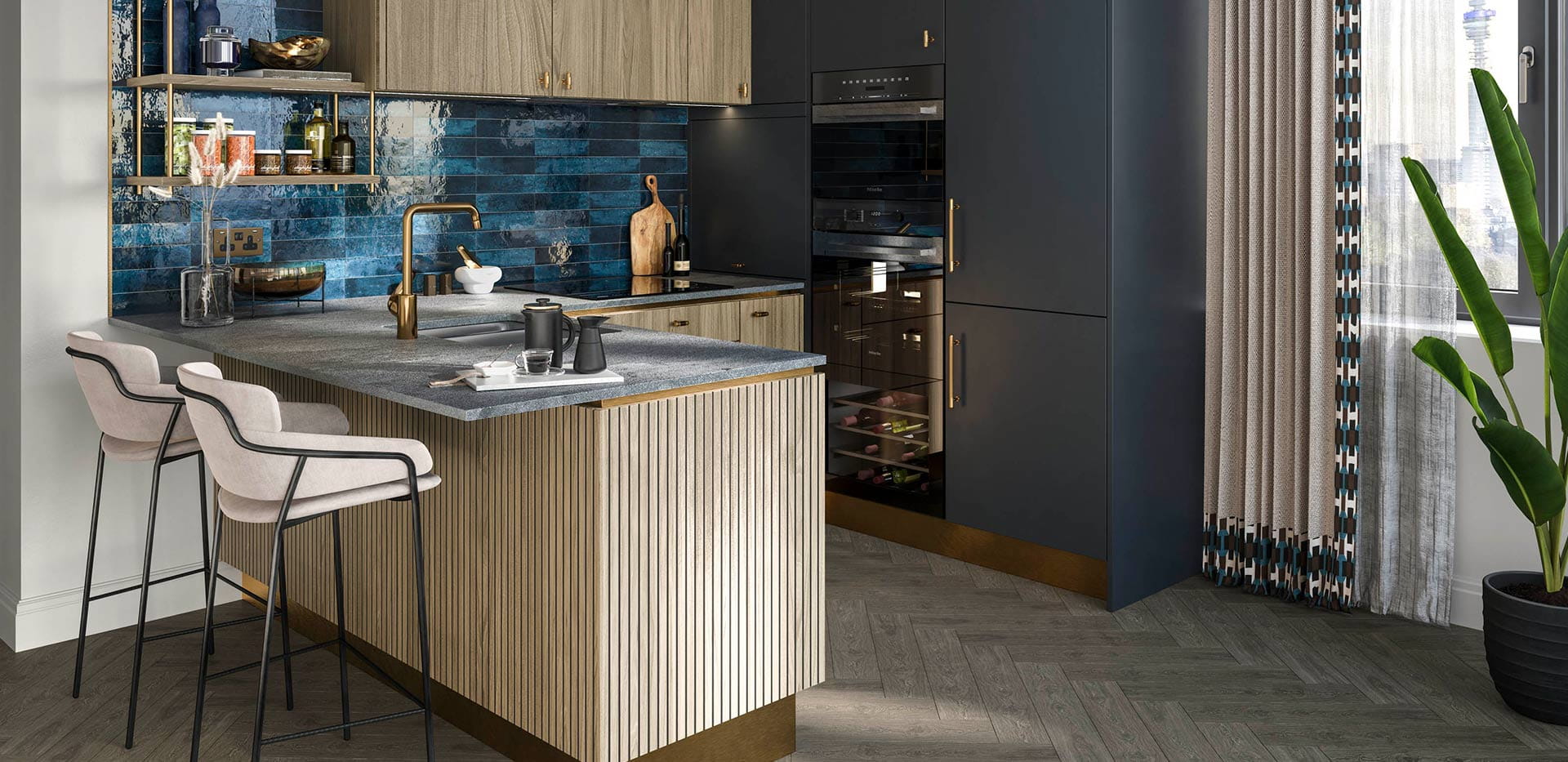 A CGI of a Kitchen at Camden Goods Yard Blue Tiles