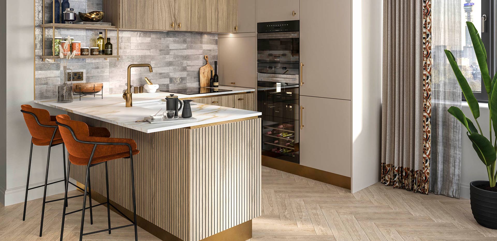 A CGI of a Kitchen at Camden Goods Yard with Grey Tiles