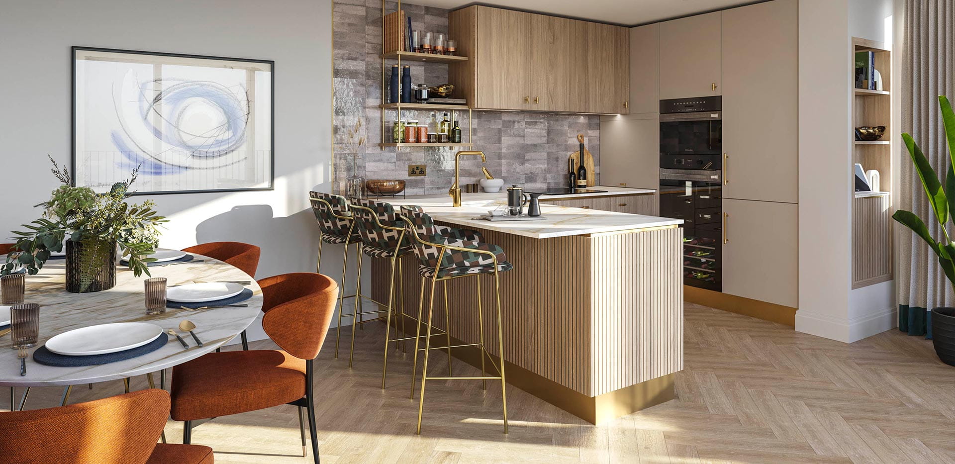 A CGI of the Kitchen / Dining at Camden Goods Yard with Grey Tiles