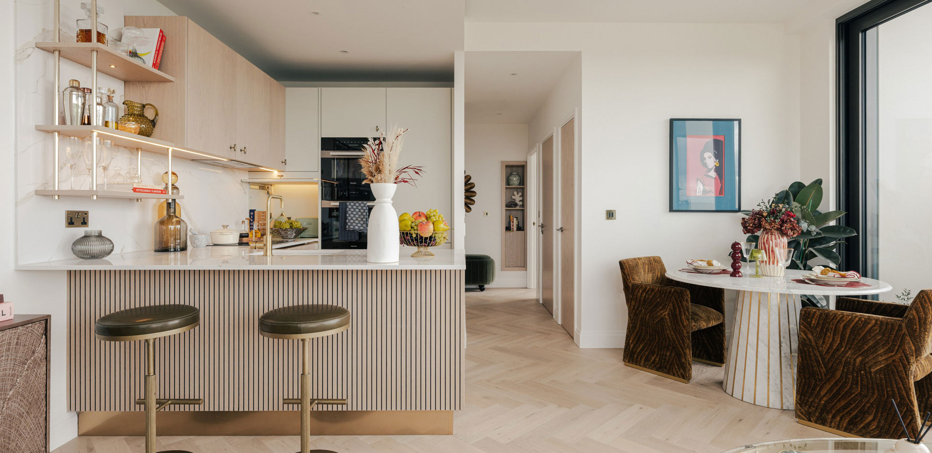 Kitchenette with kitchen island and dining space combined.