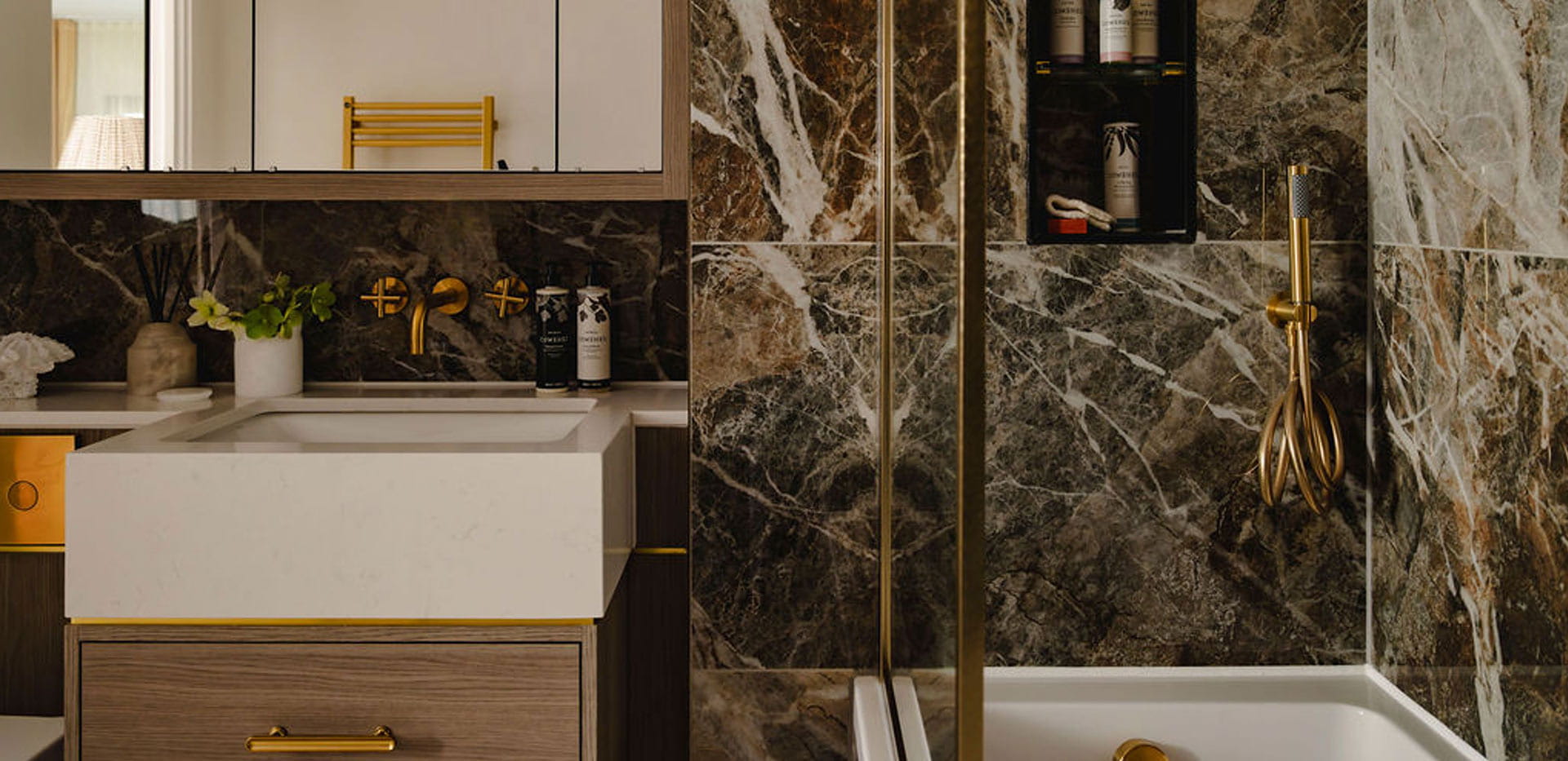 An interior bathroom image close up of sink and bath