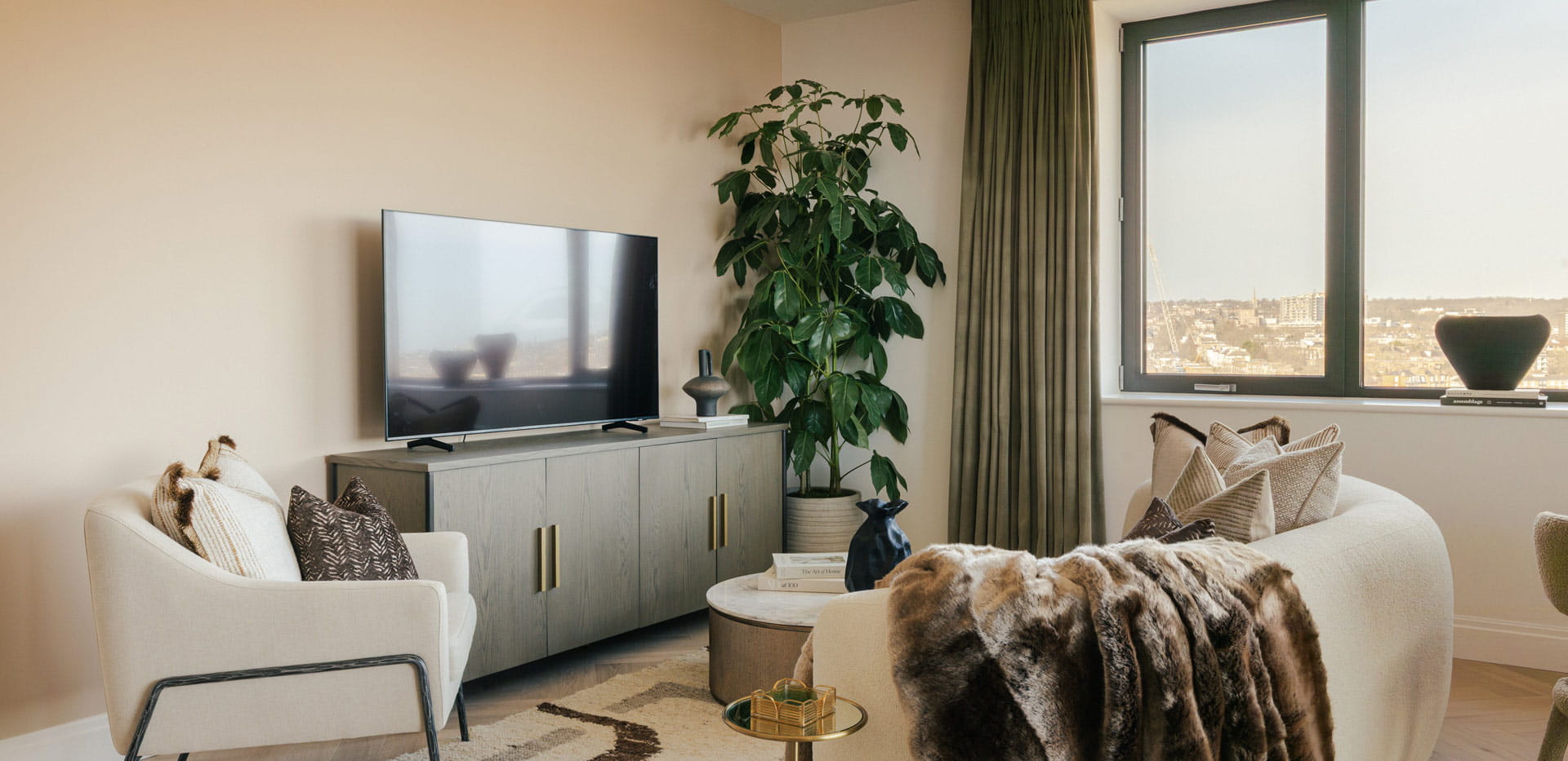 Modern designed living space with sofa and coffee table.