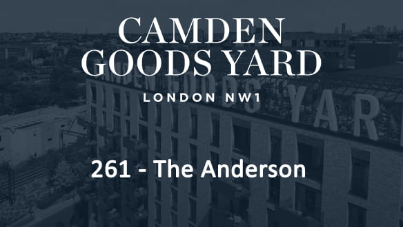 Text that reads Camden Goods Yard London NW1 261 - The Anderson, with the development as a translucent background