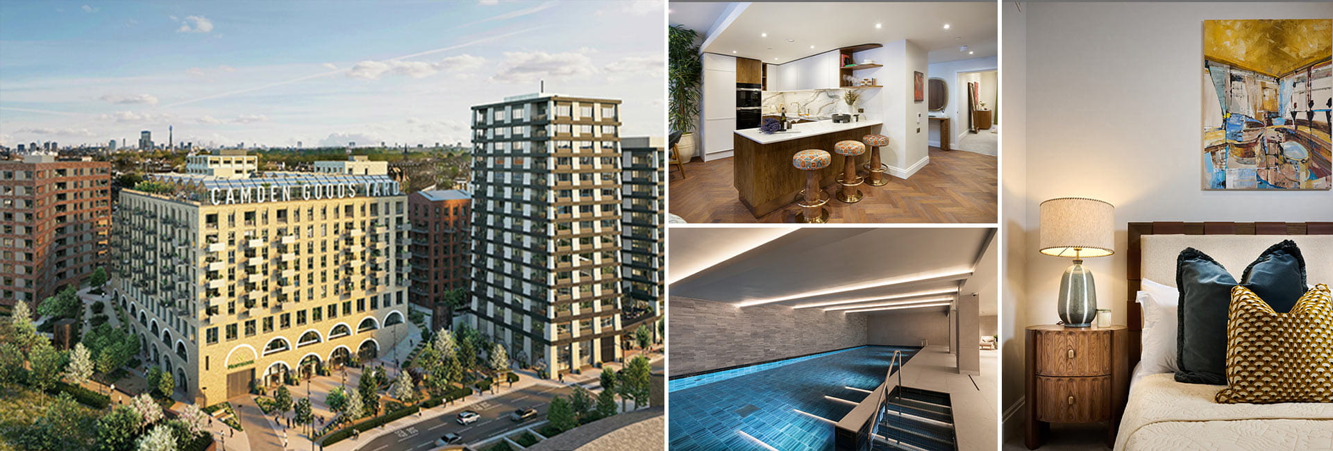 A montage showing Camden Goods Yard Building from above, interiors of kitchen spec, bedroom and swimming pool
