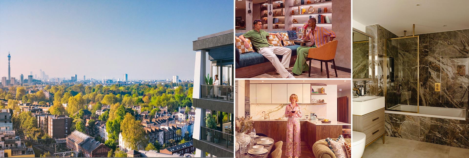 A montage of images for the Development: exterior balcony views, interior modern designed rooms.