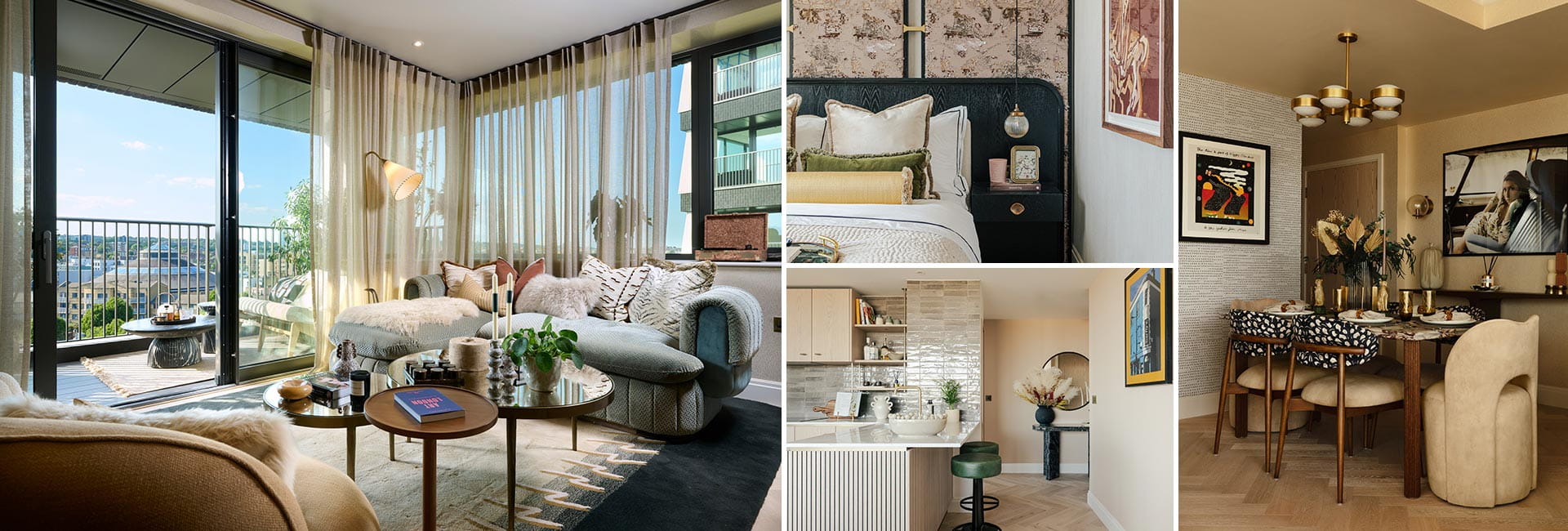 A montage of interiors including living space, bedside, breakfast island in kitchen and separate dining table