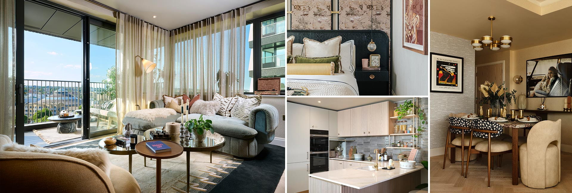 A montage of interiors including living space, bedside, breakfast island in kitchen and separate dining table