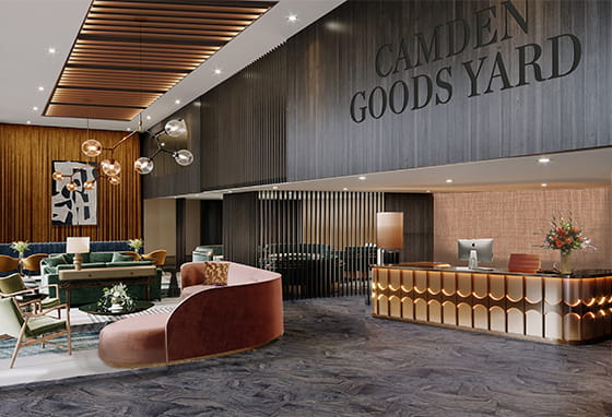 An interior CGI of the Grand Lobby and lounge at Camden Goods Yard