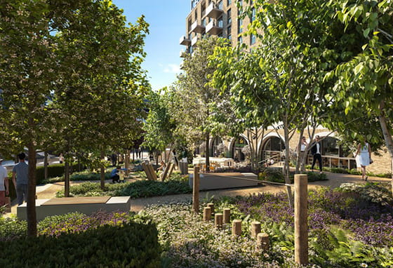 A CGI of the Exterior Gardens at Camden Goods Yard