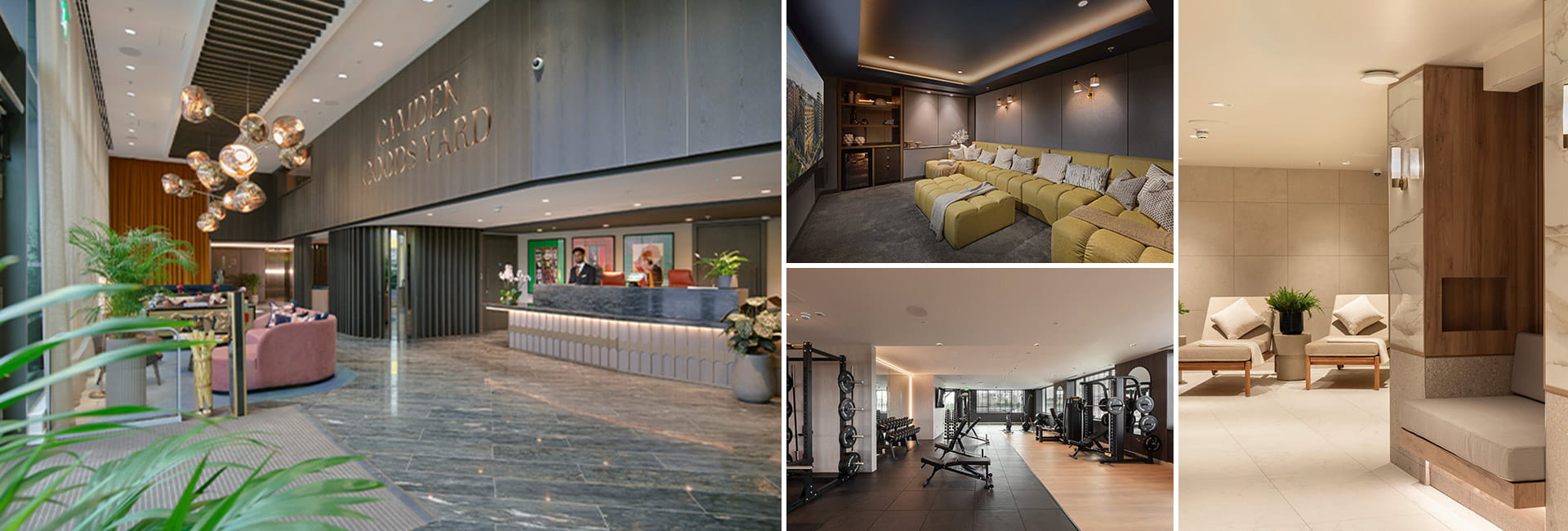A montage of Camden Goods Yard Facilities including lobby, cinema screening room, private gym and swimming pool