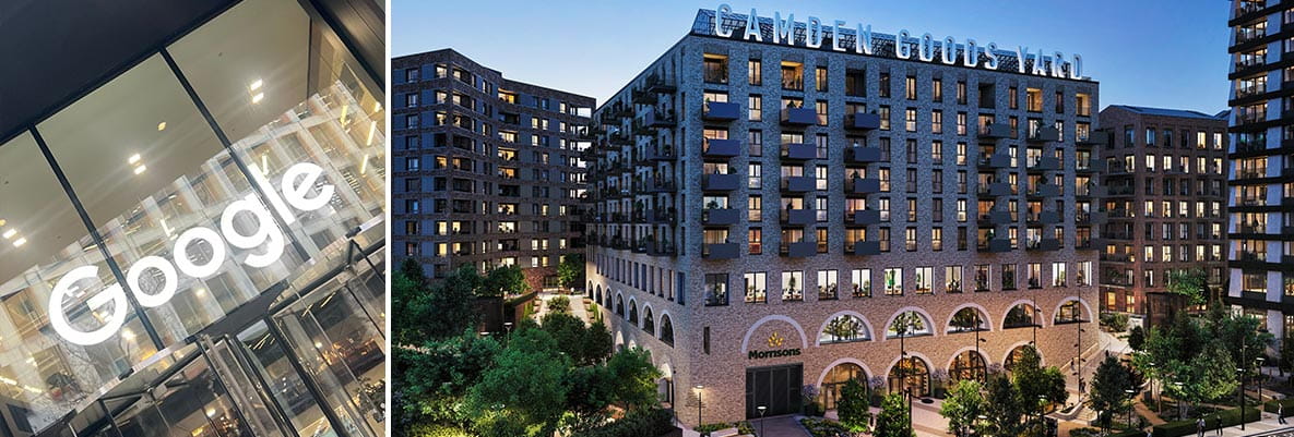 An exterior CGI of Camden Goods Yard at night next to the Google logo