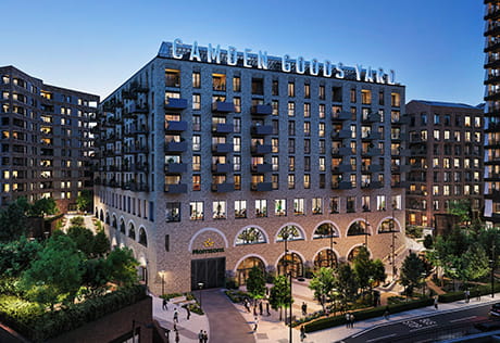 An exterior CGI of Camden Goods Yard at dusk