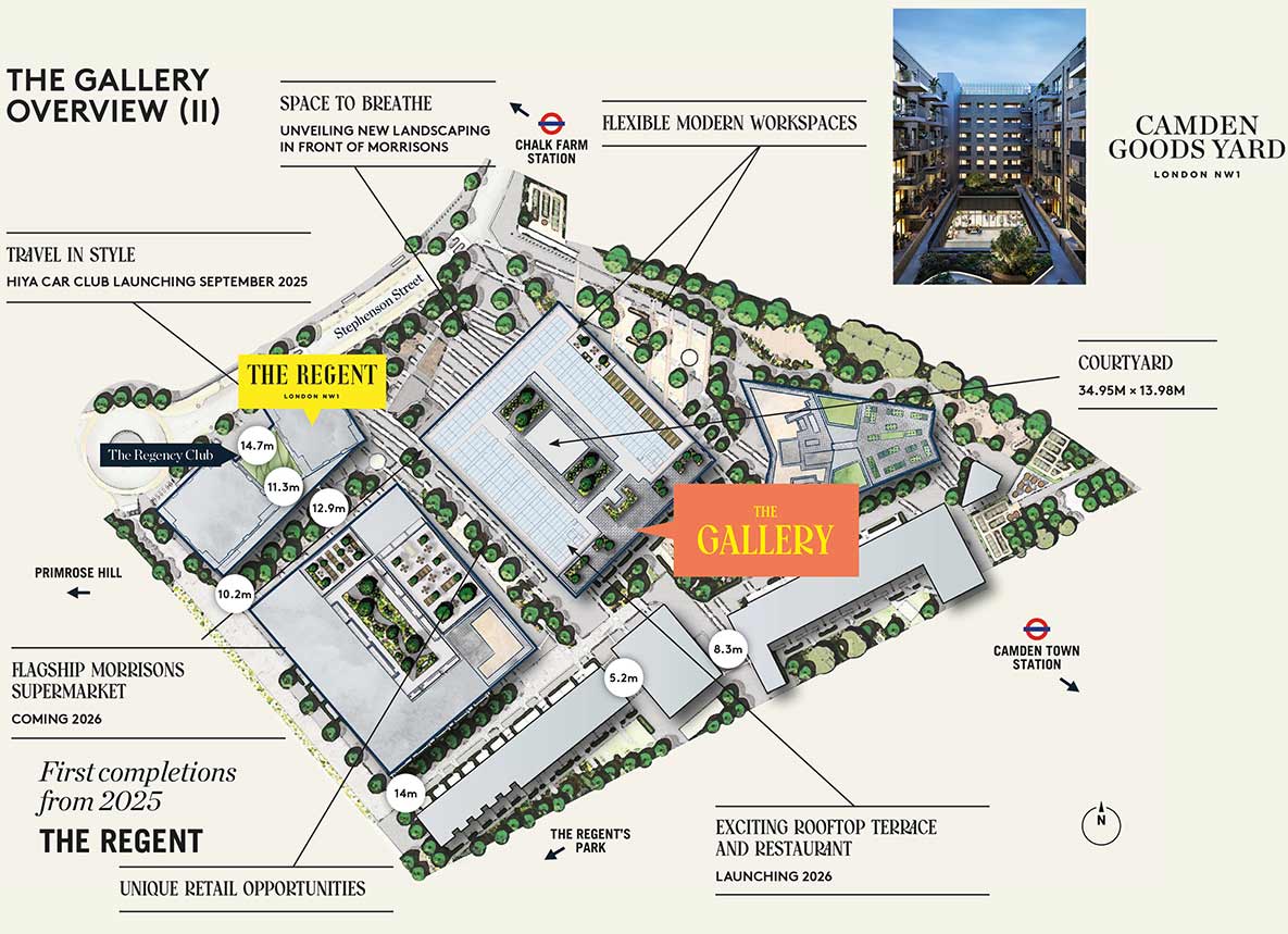 An illustration of the Camden Goods Yard development with labels