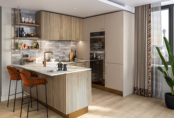 A CGI of a Kitchen at Camden Goods Yard with the Hepworth Collection Palette