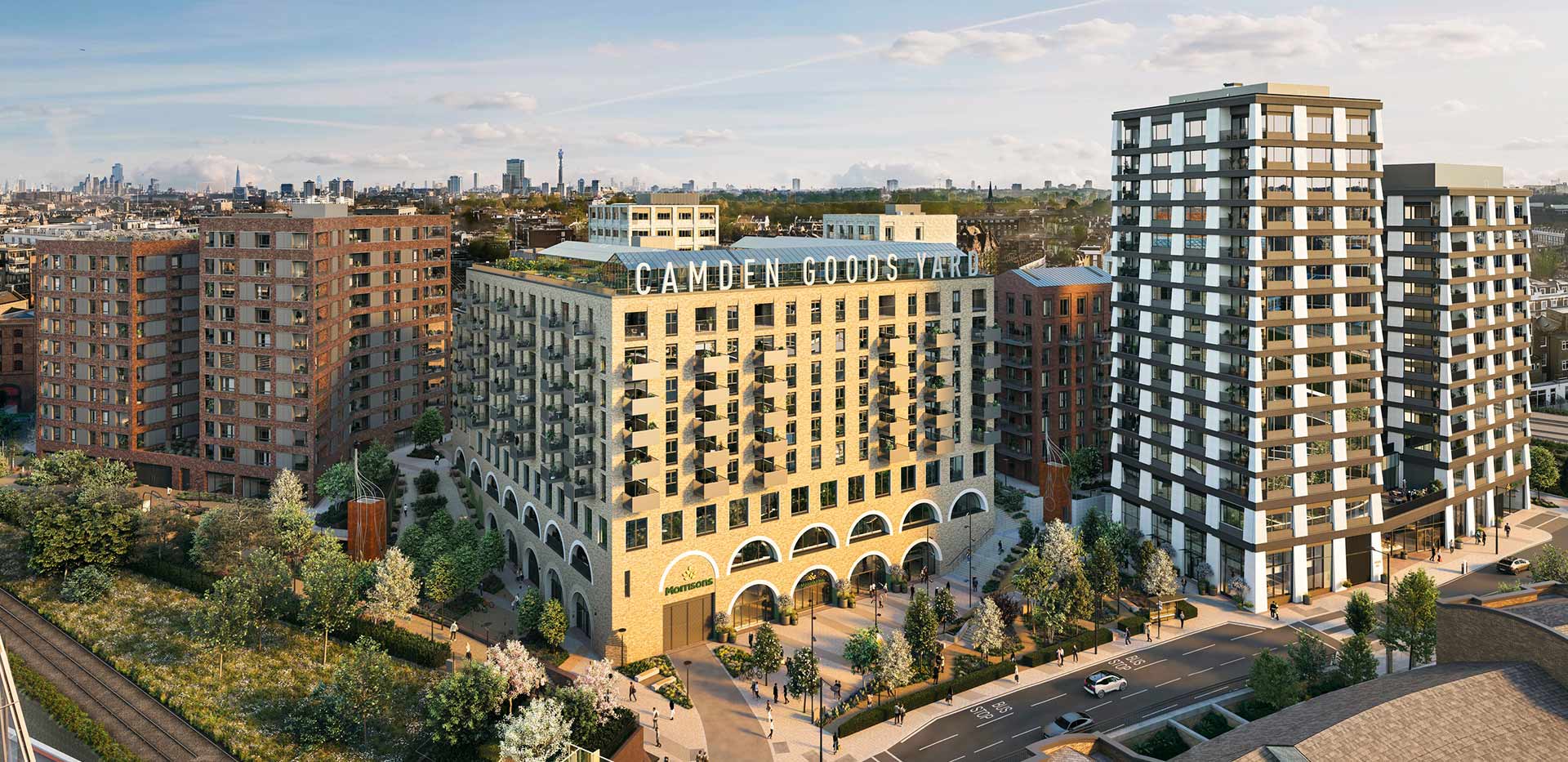 An exterior CGI of Camden Goods Yard