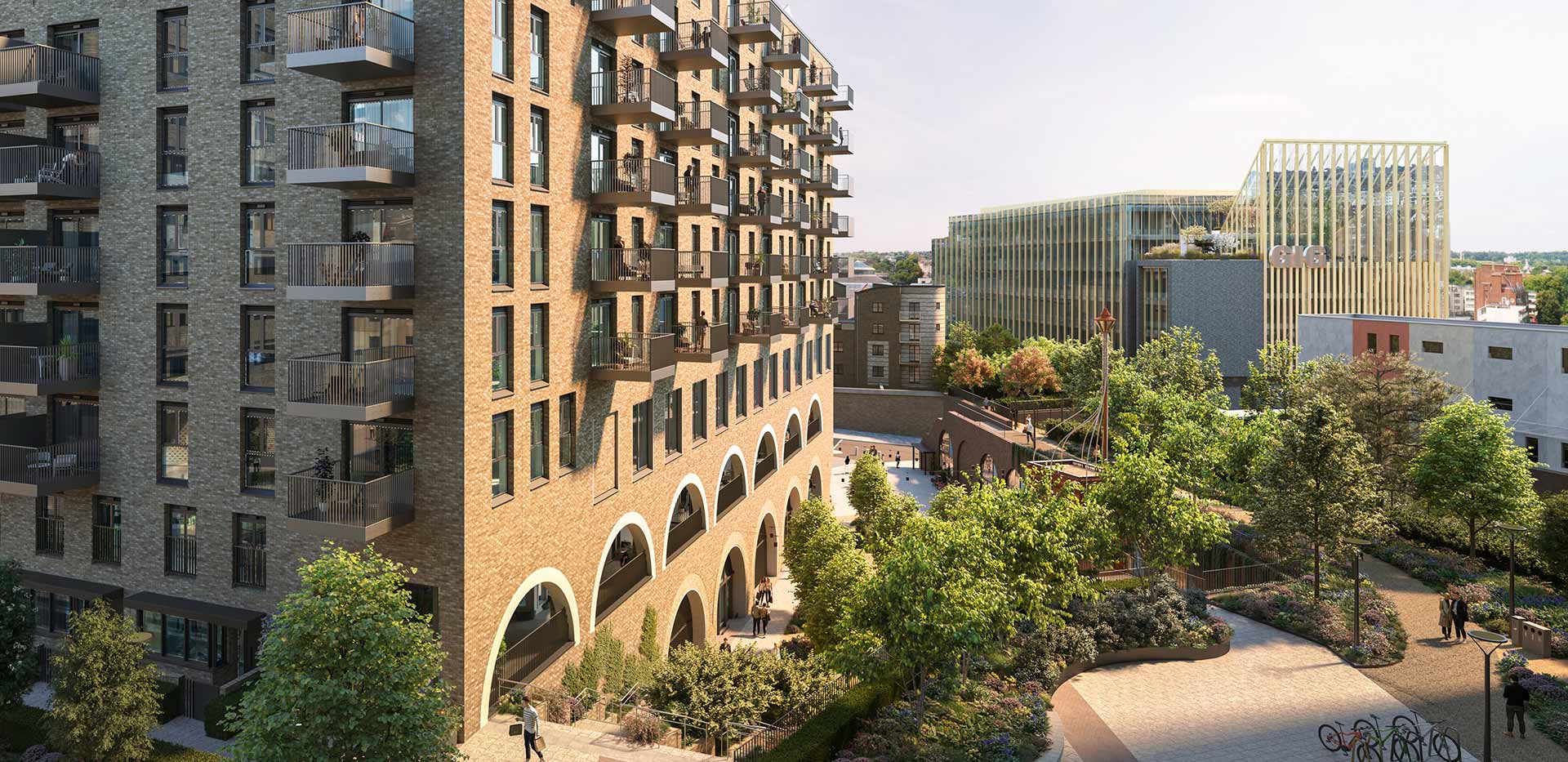 An exterior CGI of Camden Goods Yard showing the rest of Camden