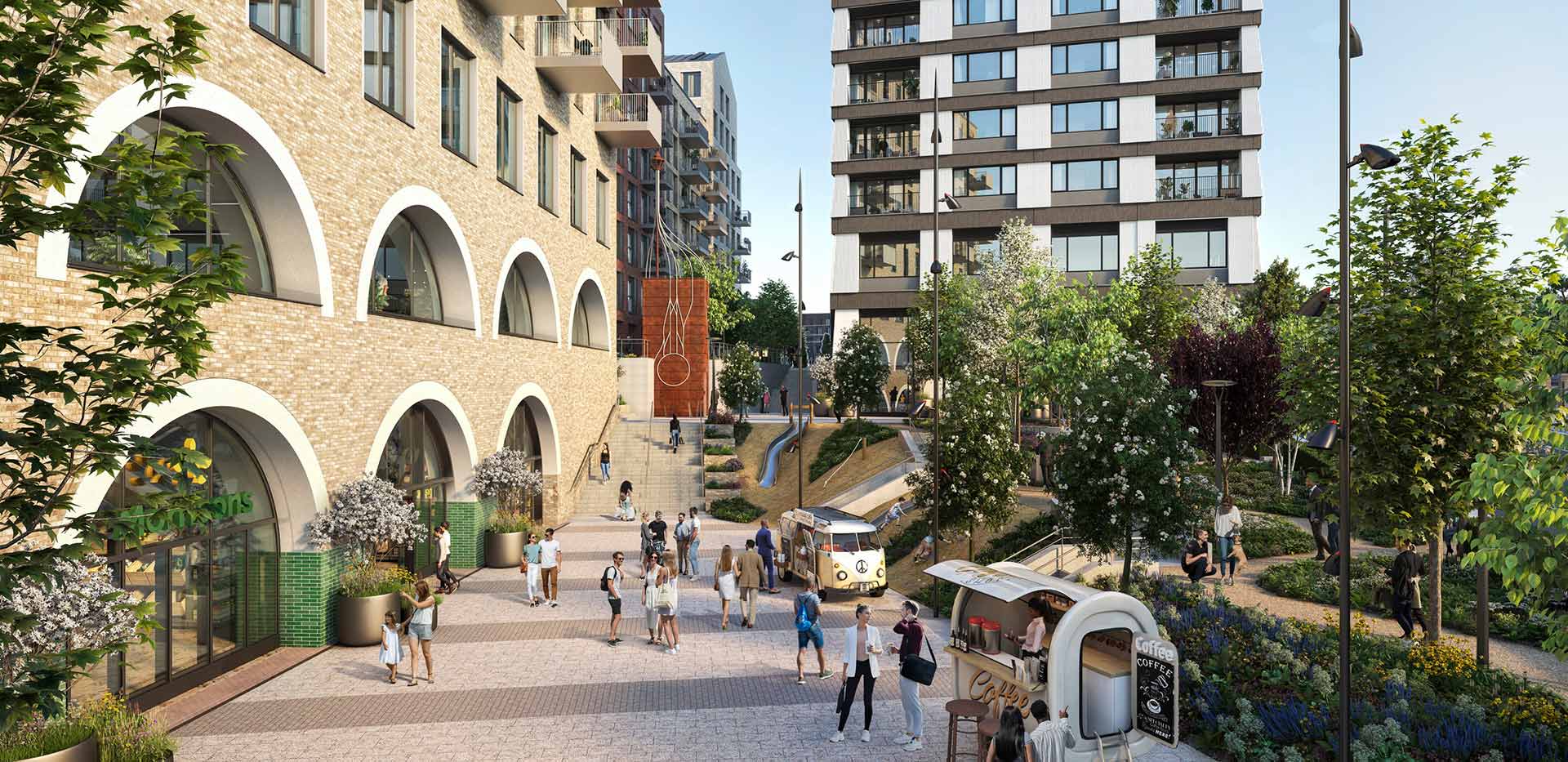 An exterior CGI of Camden Goods Yard with Morrisons and a Coffee Stand