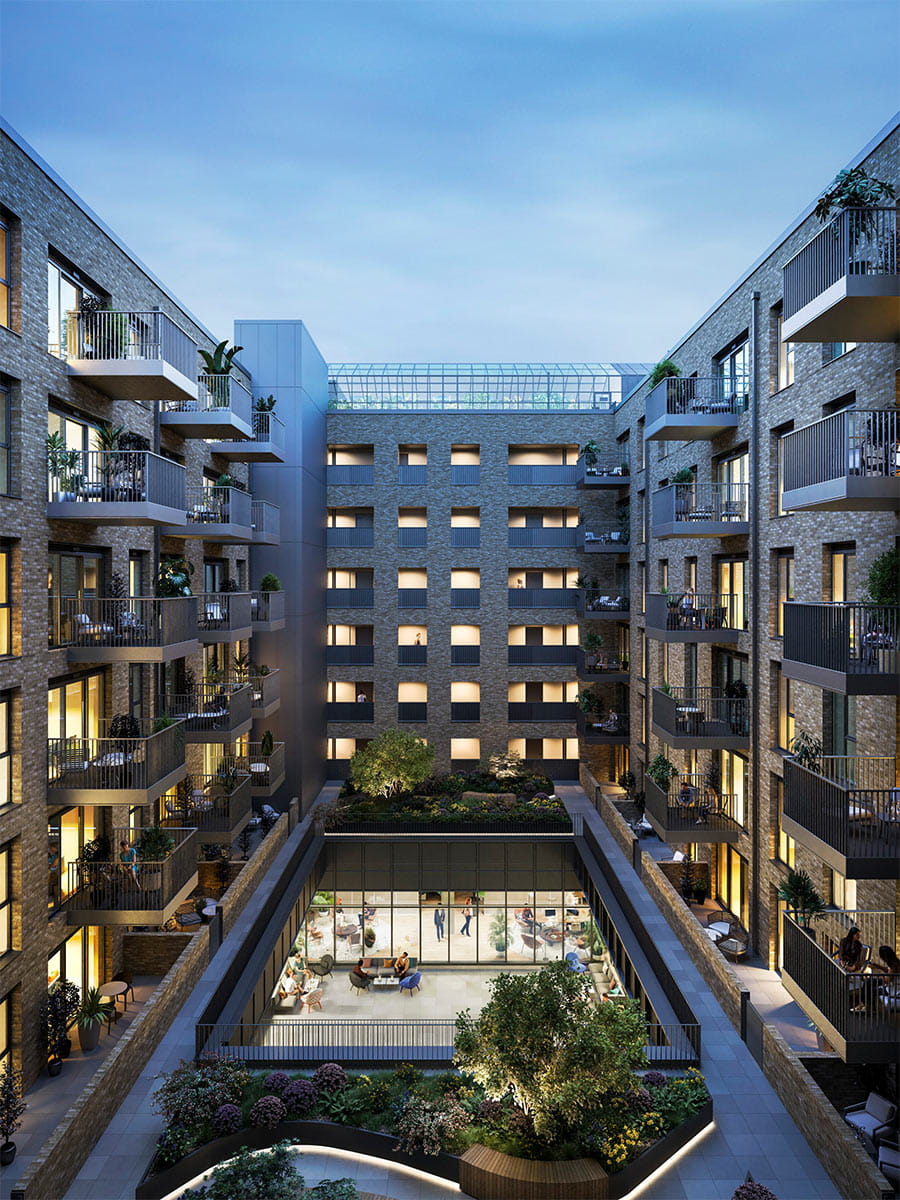 An exterior dusk CGI of Camden Goods Yard