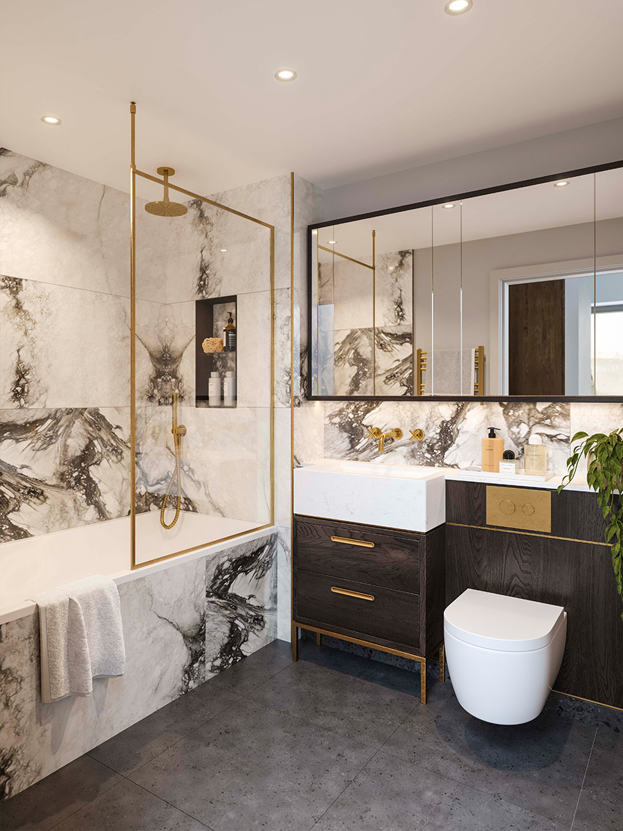 An interior CGI of a Bathroom with a light colour palette