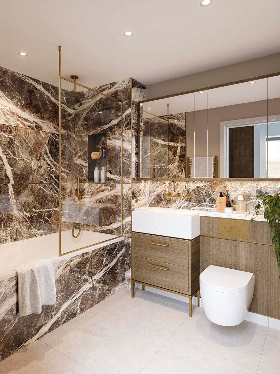 An interior CGI of a Bathroom with a semi-light colour palette