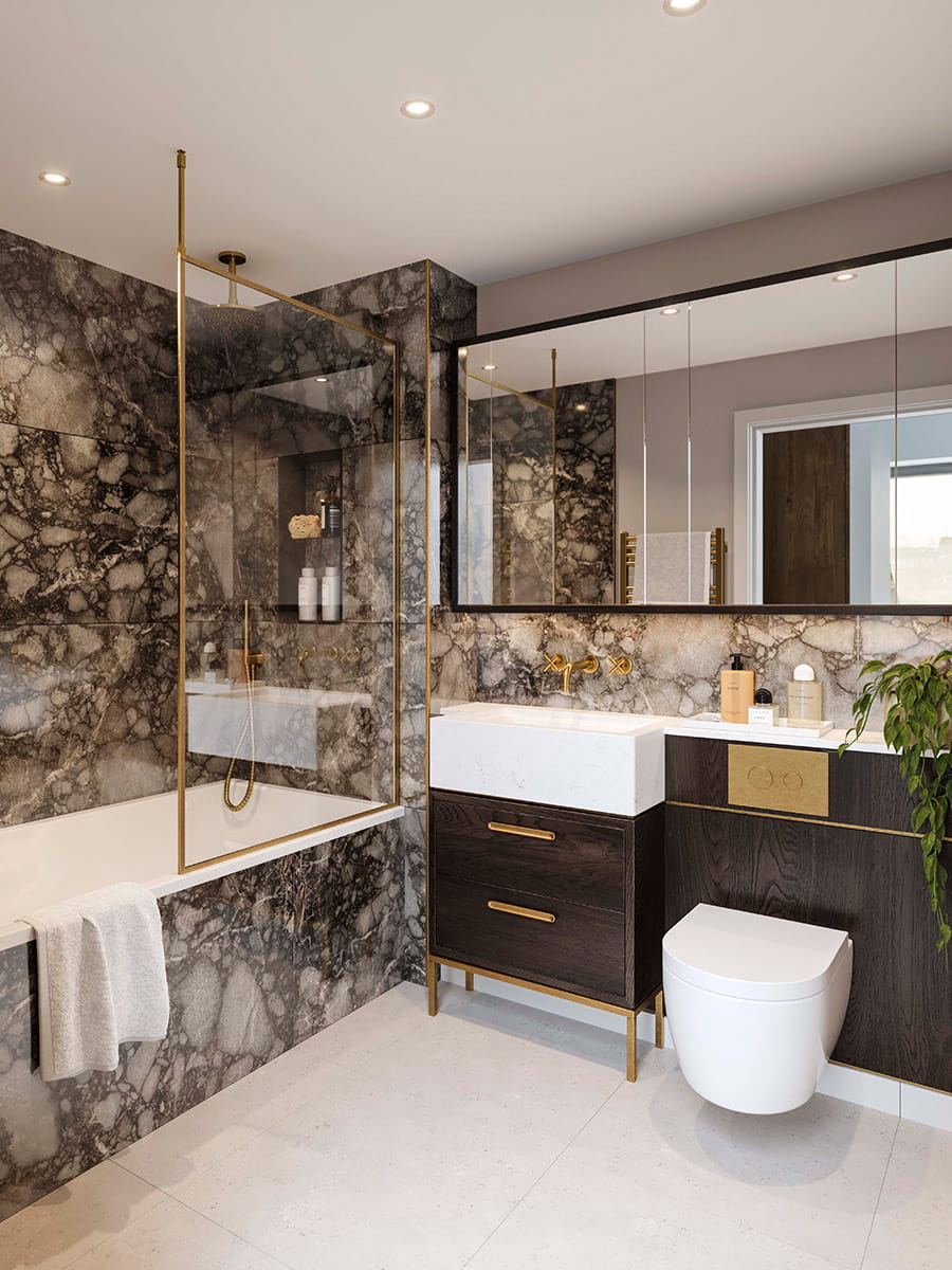 An interior bathroom image within a show apartment at The Gallery