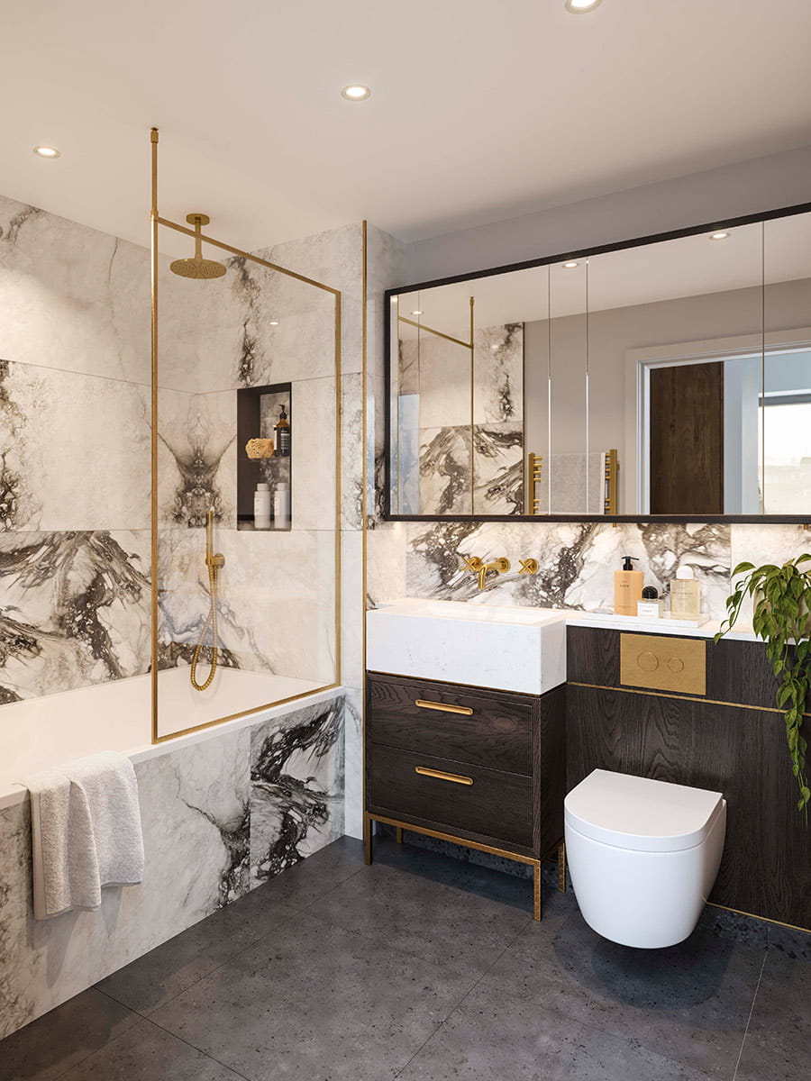 An interior bathroom image within a show apartment at The Gallery