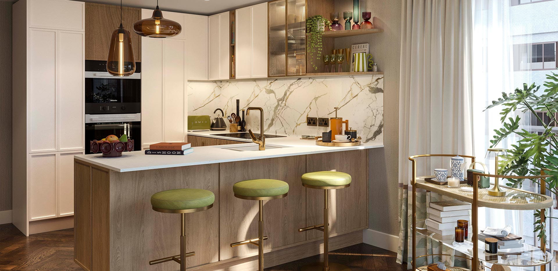 An interior Kitchen with light coloured wood CGI from The Gallery at Camden Goods Yard