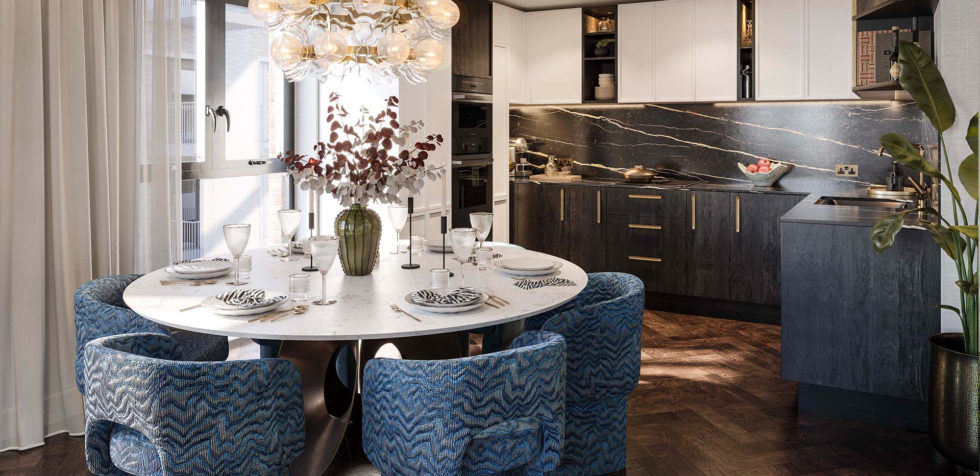 An interior Kitchen with dark cupboards CGI from The Gallery at Camden Goods Yard