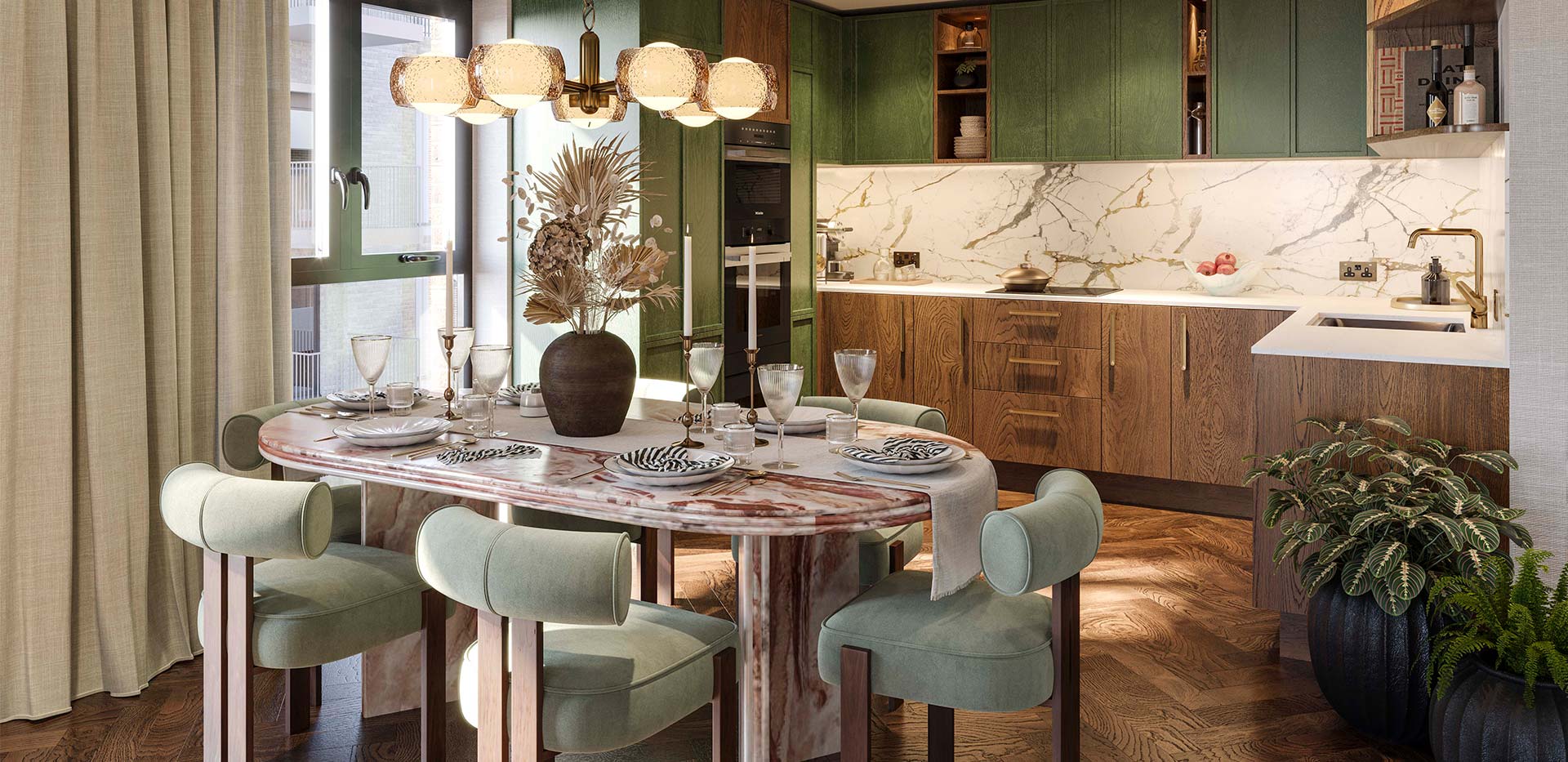 An interior Kitchen with light cupboards CGI from The Gallery at Camden Goods Yard