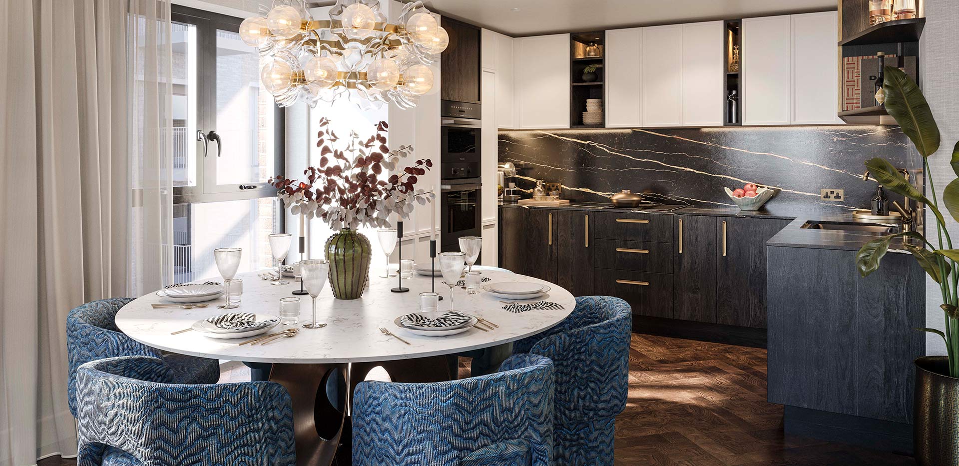 An interior kitchen-dining image within a show apartment at The Gallery