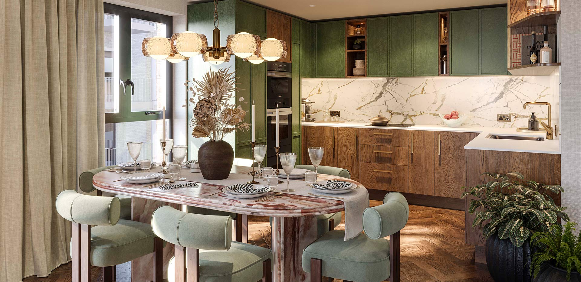 An interior kitchen-dining image within a show apartment at The Gallery