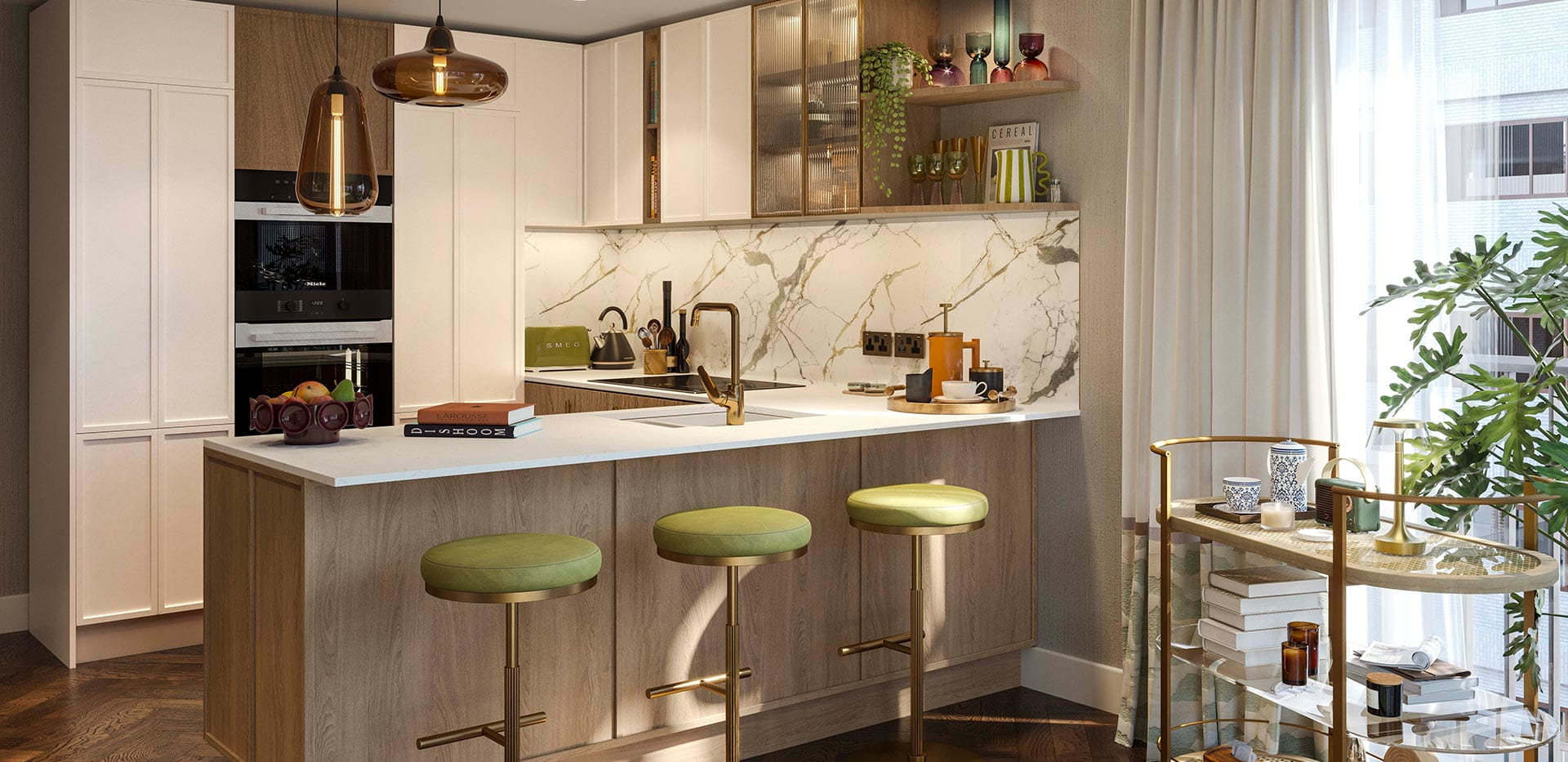 An interior kitchen image within a show apartment at The Gallery