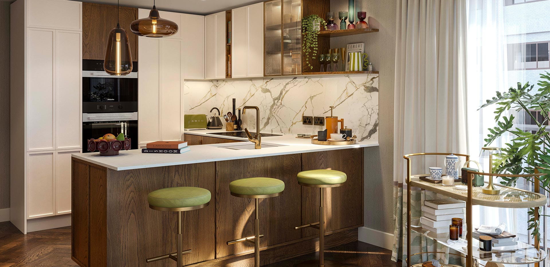 An interior kitchen image within a show apartment at The Gallery