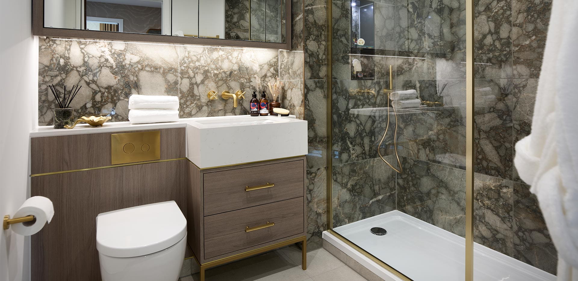 An interior CGI of a Bathroom with a dark colour palette