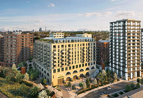 An exterior CGI of Camden Goods Yard